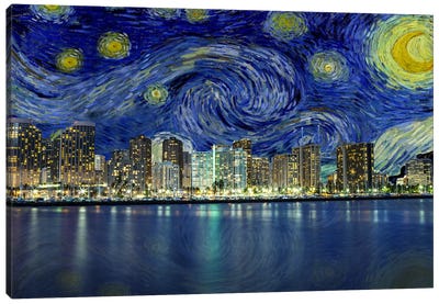 Honolulu, Hawaii Starry Night Skyline Canvas Art Print - Honolulu