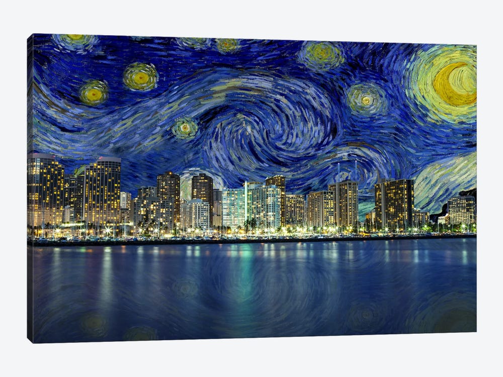 Honolulu, Hawaii Starry Night Skyline by 5by5collective 1-piece Canvas Artwork