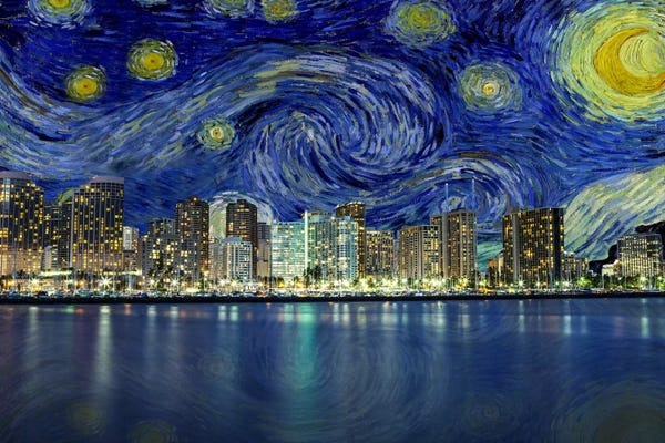 Hawaii: Honolulu, Hawaii Starry Night Skyline by 5by5collective