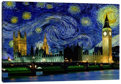 London, England Starry Night Skyline Canvas Art Print - Starry Night Collection