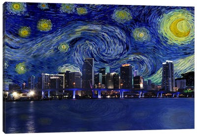 Miami, Florida Starry Night Skyline Canvas Art Print - Re-imagined Masterpieces