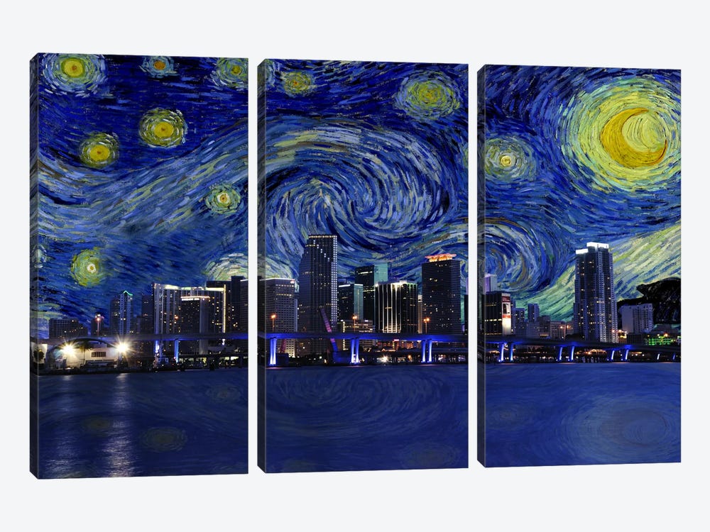 Miami, Florida Starry Night Skyline by 5by5collective 3-piece Canvas Art