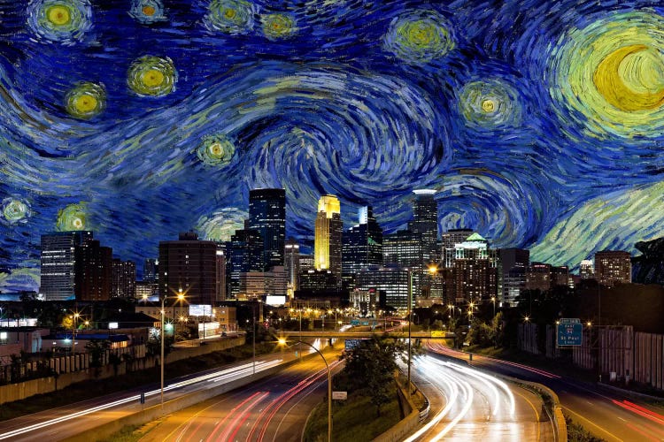 Minneapolis, Minnesota Starry Night Skyline by 5by5collective wall art