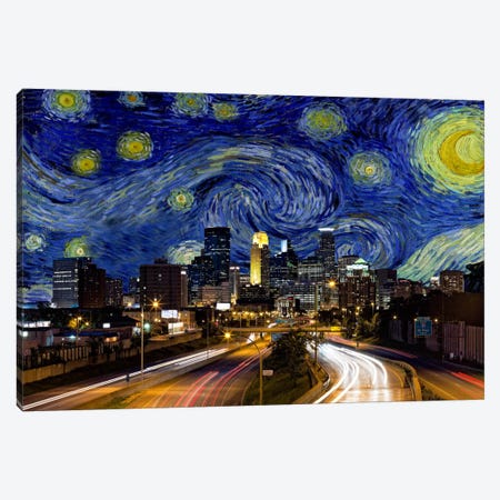 Minneapolis, Minnesota Starry Night Skyline Canvas Print #SKY113} by 5by5collective Canvas Wall Art