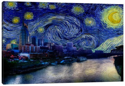 Nashville, Tennessee Starry Night Skyline Canvas Art Print - Nashville Art