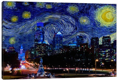 Philadelphia, Pennsylvania Starry Night Skyline Canvas Art Print - United States of America Art