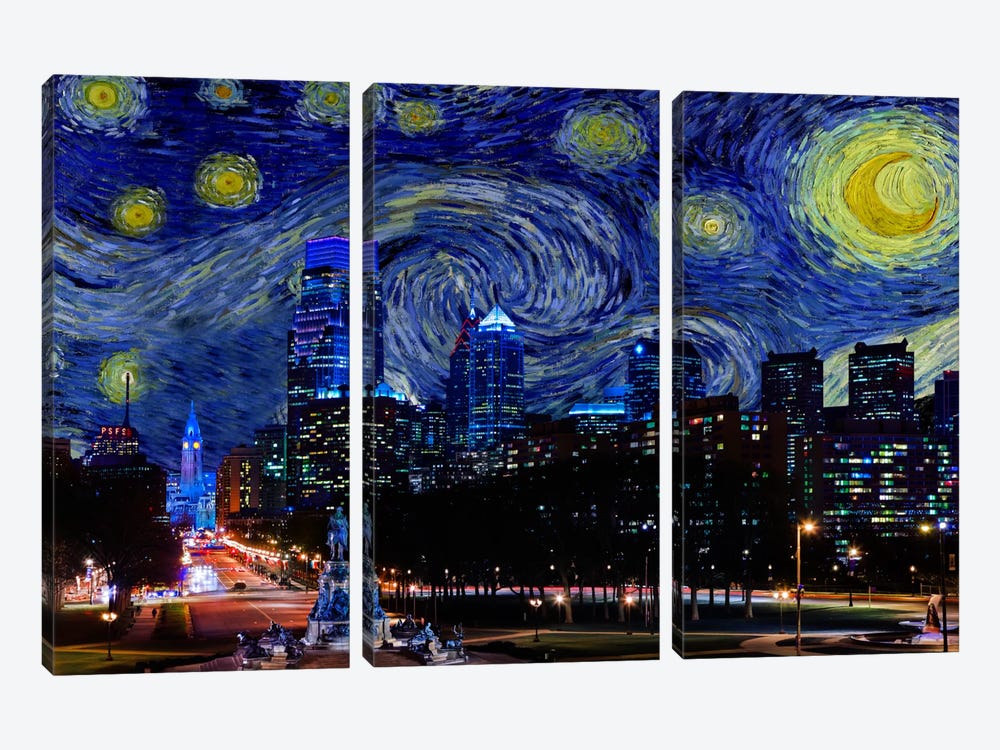 Philadelphia, Pennsylvania Starry Night Skyline 3-piece Canvas Print