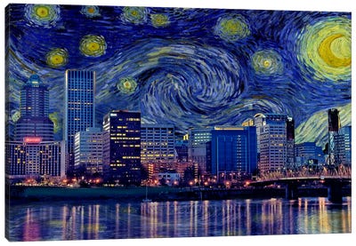 Portland, Oregon Starry Night Skyline Canvas Art Print - Skylines Collection