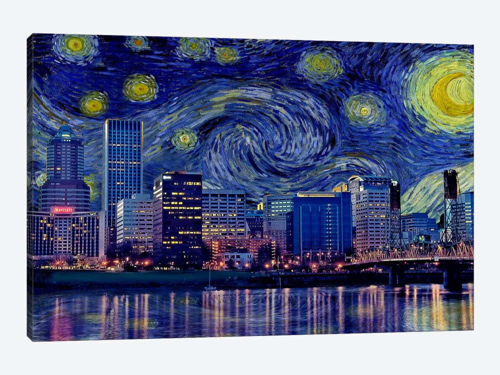 Portland, Oregon Starry Night Skyline by 5by5collective 1-piece Canvas Wall Art