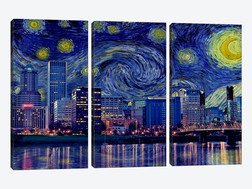 Portland, Oregon Starry Night Skyline by 5by5collective 3-piece Canvas Art