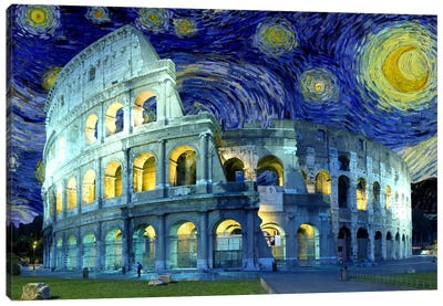 Rome (Colosseum), Italy Starry Night Skyline Canvas Art Print - Ancient Ruins Art