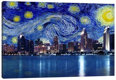 San Diego, California Starry Night Skyline Canvas Art Print - All Things Van Gogh