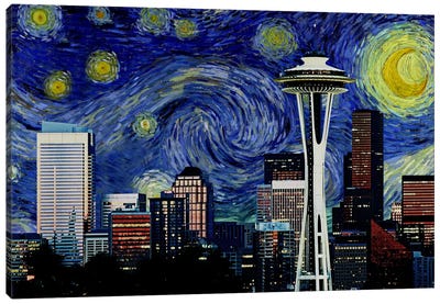 Seattle, Washington Starry Night Skyline Canvas Art Print - Famous Buildings & Towers