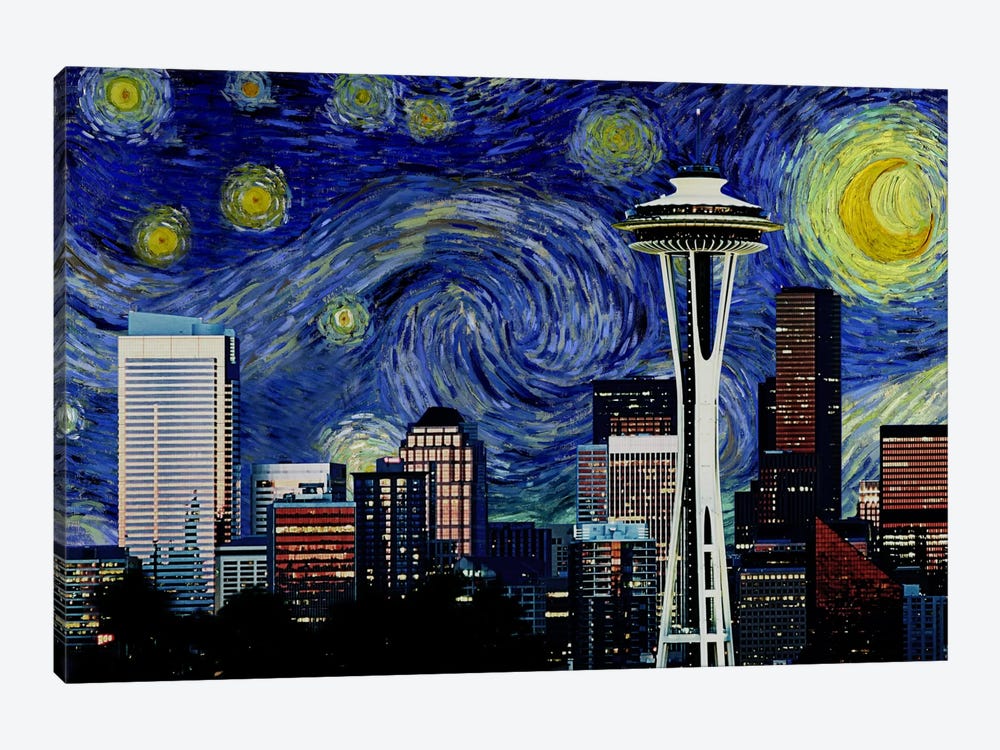 Seattle, Washington Starry Night Skyline 1-piece Canvas Art