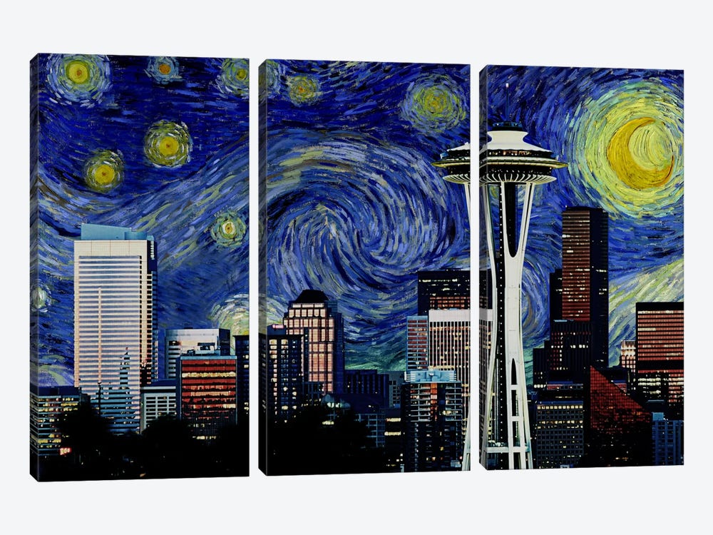 Seattle, Washington Starry Night Skyline 3-piece Canvas Wall Art