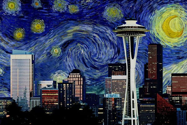 Washington: Seattle, Washington Starry Night Skyline by 5by5collective