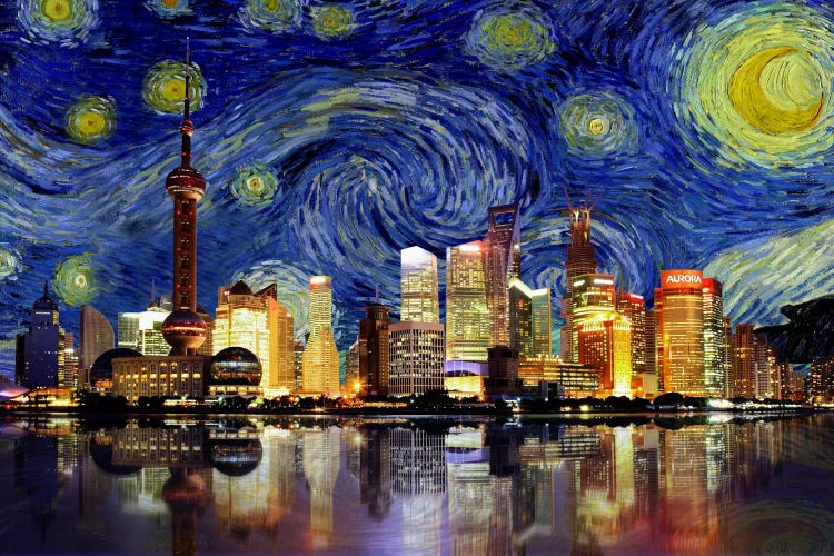 Shanghai, China - Starry Night Skyline by 5by5collective wall art