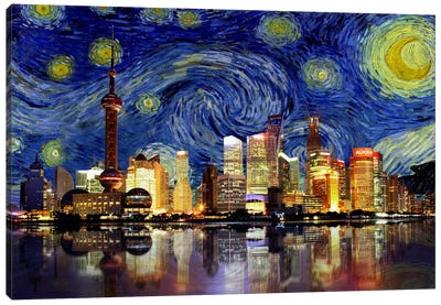 Shanghai, China - Starry Night Skyline Canvas Art Print - Skylines Collection