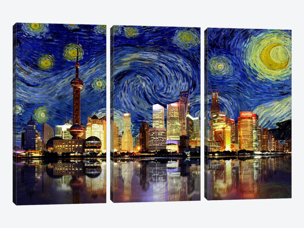Shanghai, China - Starry Night Skyline by 5by5collective 3-piece Canvas Print