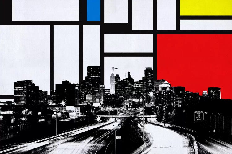 Minneapolis, Minnesota Skyline with Primary Colors Background