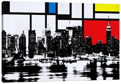 New York Skyline with Primary Colors Background Canvas Art Print - Composition with Red, Blue and Yellow Reimagined