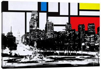Philadelphia, Pennsylvania Skyline with Primary Colors Background Canvas Art Print - Composition with Red, Blue and Yellow Reimagined