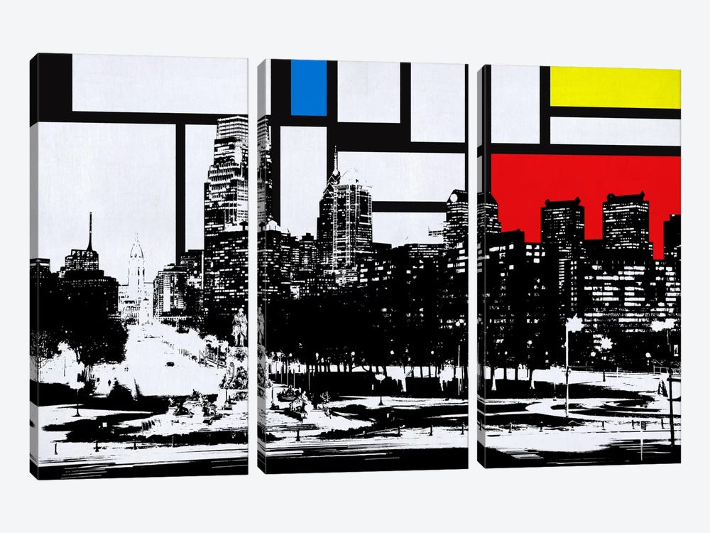 Philadelphia, Pennsylvania Skyline with Primary Colors Background by Unknown Artist 3-piece Canvas Wall Art