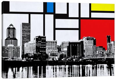 Portland, Oregon Skyline with Primary Colors Background Canvas Art Print - Composition with Red, Blue and Yellow Reimagined