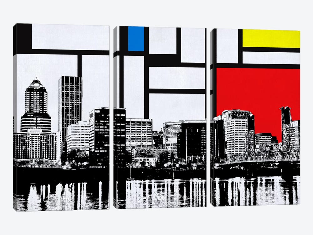 Portland, Oregon Skyline with Primary Colors Background 3-piece Canvas Wall Art