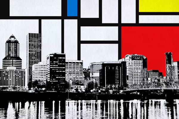Composition With Red, Blue And Yellow: Portland, Oregon Skyline with Primary Colors Background by Unknown Artist