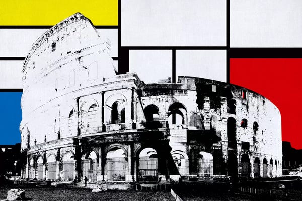 Ancient Ruins: Rome, Italy Colosseum Skyline with Primary Colors Background by Unknown Artist