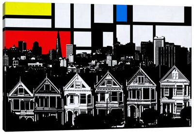 San Francisco, California Skyline with Primary Colors Background Canvas Art Print - Skylines Collection