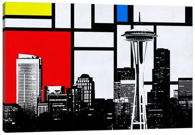 Seattle, Washington Geometric Skyline with Primary Colors Background Canvas Art Print - Space Needle