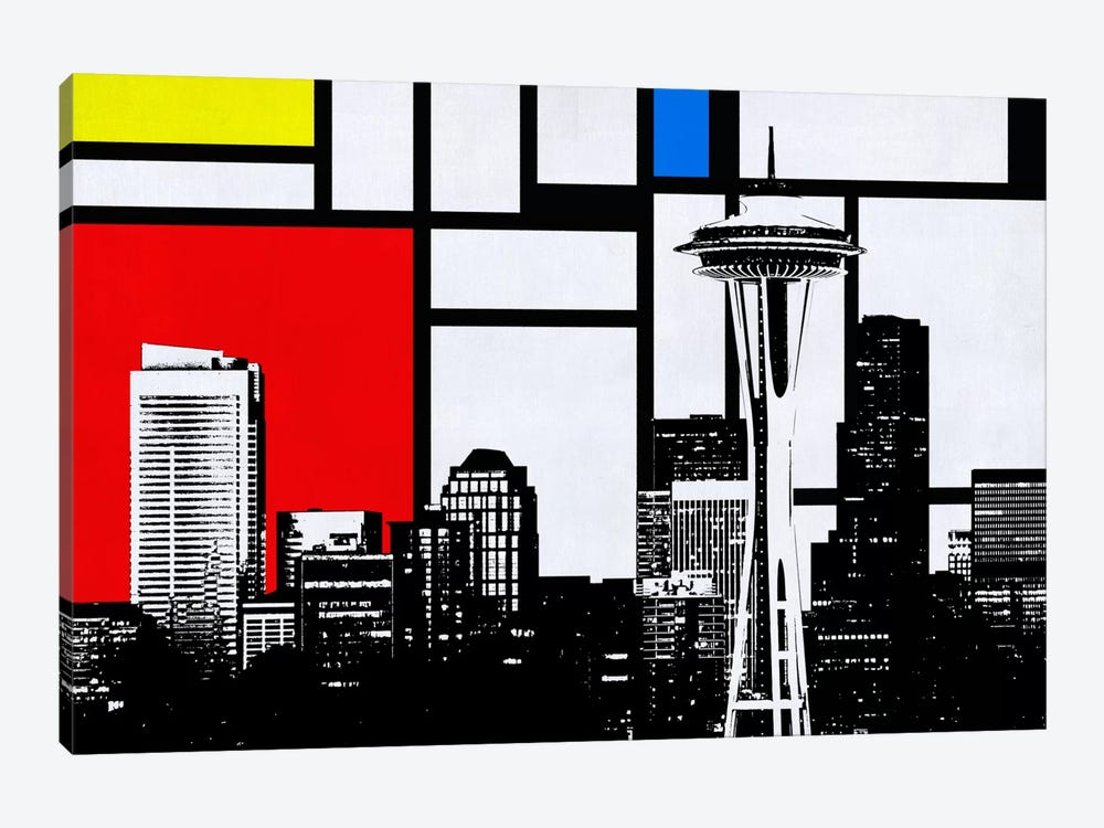 Seattle, Washington Geometric Skyline with Primary Colors Background by Unknown Artist 1-piece Canvas Artwork