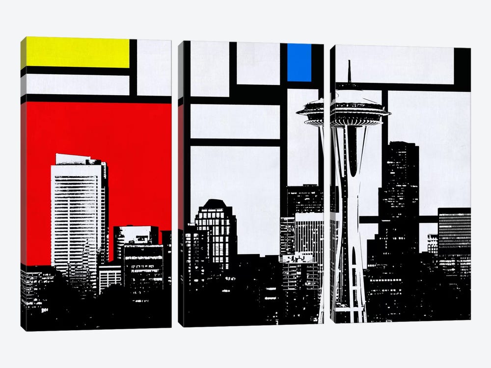 Seattle, Washington Geometric Skyline with Primary Colors Background by Unknown Artist 3-piece Canvas Artwork