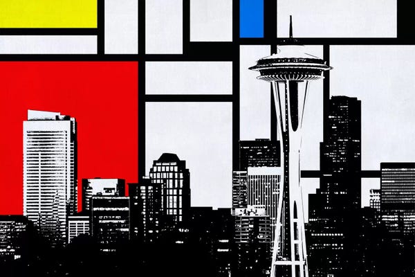 Space Needle: Seattle, Washington Geometric Skyline with Primary Colors Background by Unknown Artist