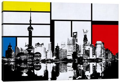 Shanghai, China Skyline with Primary Colors Background Canvas Art Print - Skylines Collection