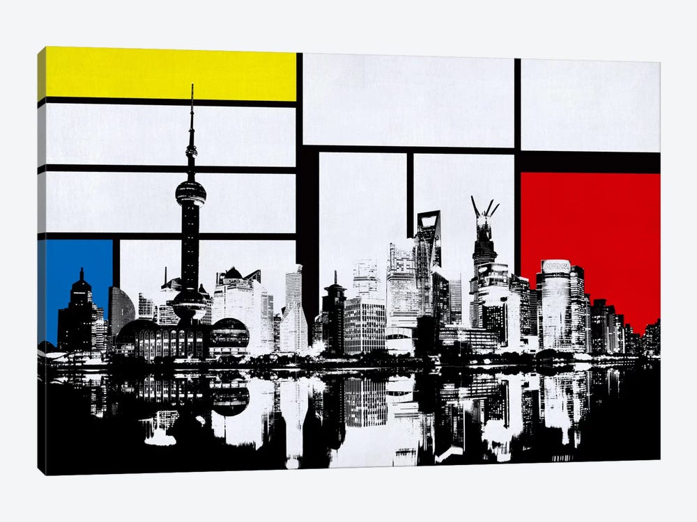 Shanghai, China Skyline with Primary Colors Background by Unknown Artist 1-piece Canvas Print