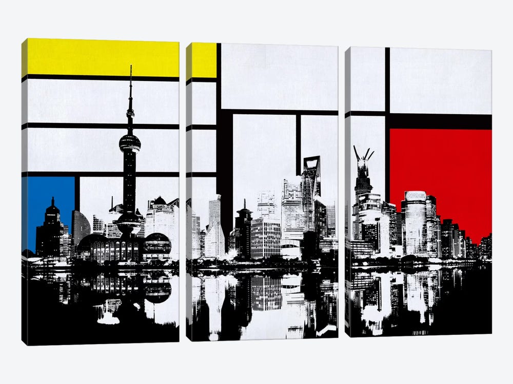 Shanghai, China Skyline with Primary Colors Background by Unknown Artist 3-piece Canvas Print