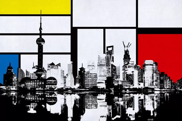 Composition With Red, Blue And Yellow: Shanghai, China Skyline with Primary Colors Background by Unknown Artist