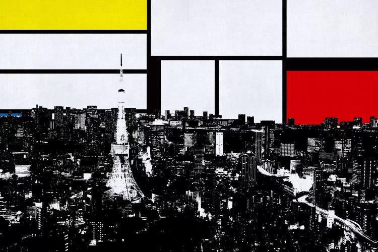 Tokyo, Japan Skyline with Primary Colors Background