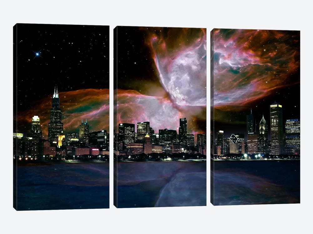 Chicago, Illinois Butterfly Nebula Skyline 3-piece Canvas Artwork