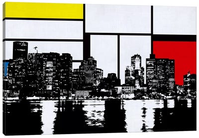 Boston, Massachusetts Skyline with Primary Colors Background Canvas Art Print - Skylines Collection