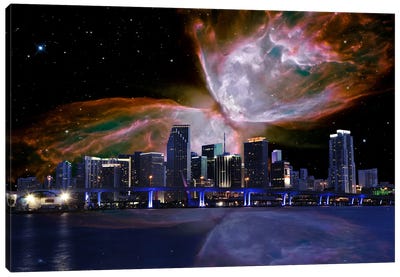 Miami, Florida Butterfly Nebula Skyline Canvas Art Print - Skylines Collection