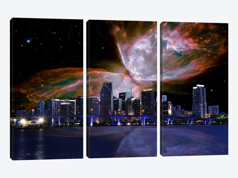 Miami, Florida Butterfly Nebula Skyline by 5by5collective 3-piece Canvas Wall Art