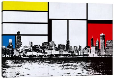 Chicago, Illinois Skyline with Primary Colors Background Canvas Art Print - Composition with Red, Blue and Yellow Reimagined