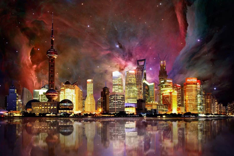 Shanghai, China Orion Nebula Skyline by 5by5collective wall art