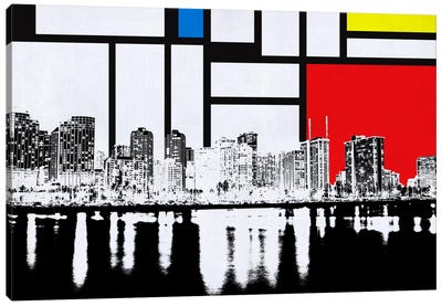 Honolulu, Hawaii Skyline with Primary Colors Background Canvas Art Print - Skylines Collection