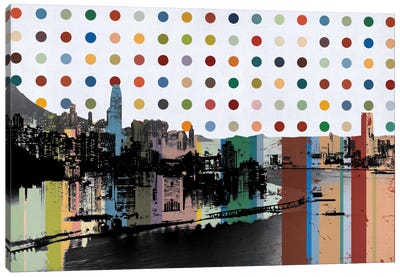 Hong Kong, China Colorful Polka Dot Skyline Canvas Art Print - Polka Dot Patterns
