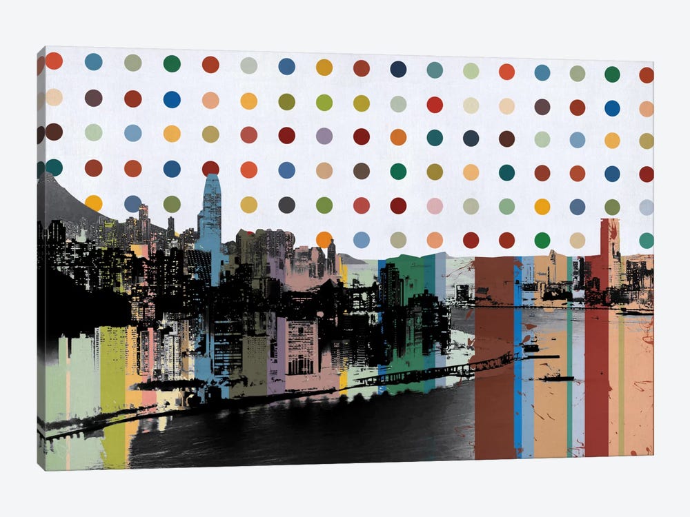 Hong Kong, China Colorful Polka Dot Skyline by Unknown Artist 1-piece Canvas Wall Art